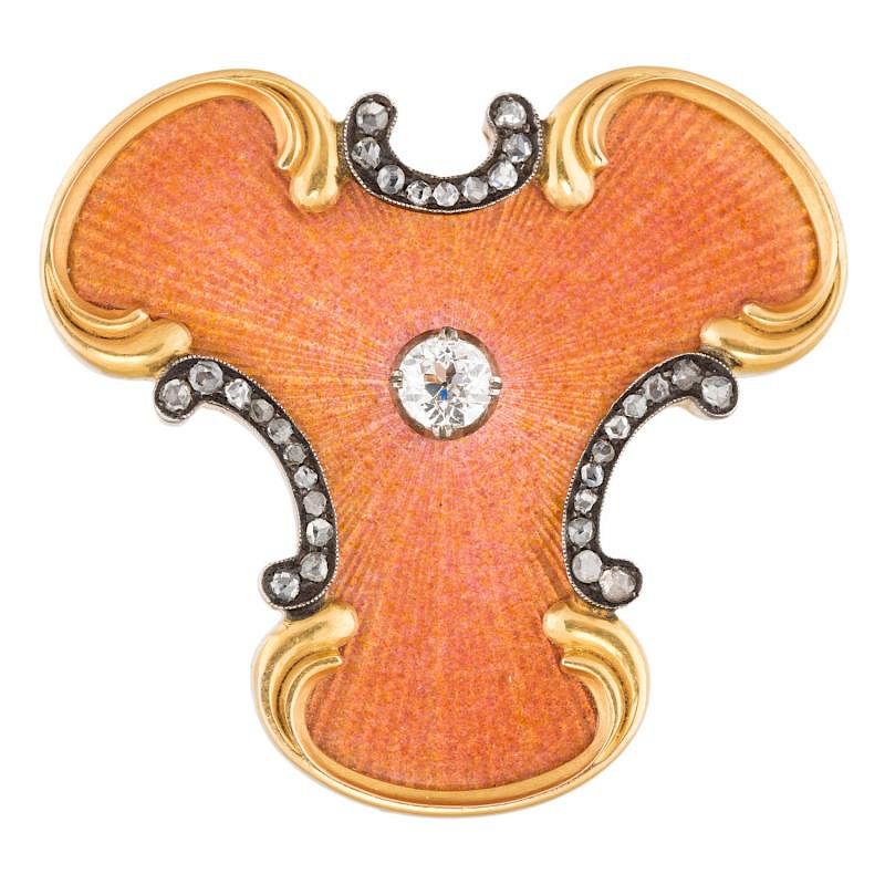 Appraisal: A FABERGE GOLD ORANGE GUILLOCHE ENAMEL AND OLD-CUT DIAMOND BROOCH