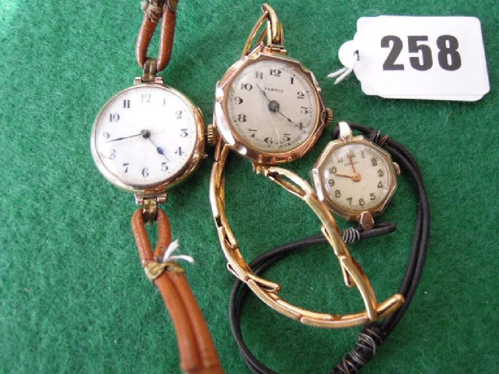 Appraisal: Three ct gold ladies wrist watches with leather straps