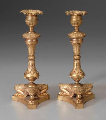 Appraisal: Pair bronze dore Empire candlesticks finely cast each with three