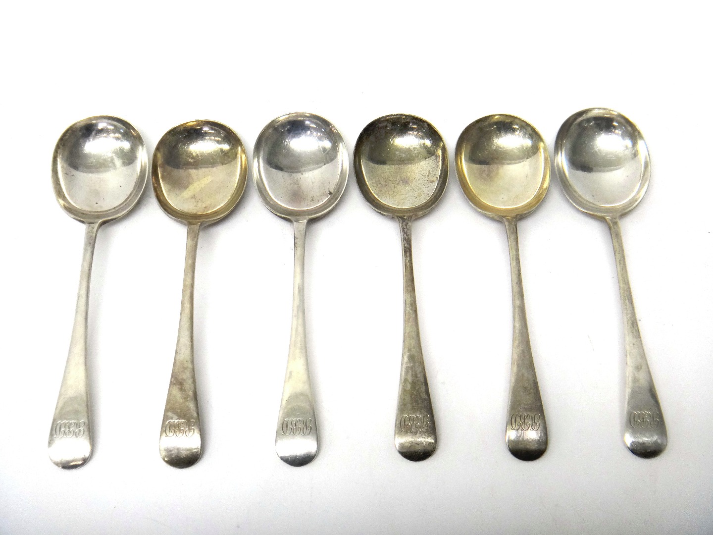 Appraisal: A set of six silver Old English pattern soup spoons