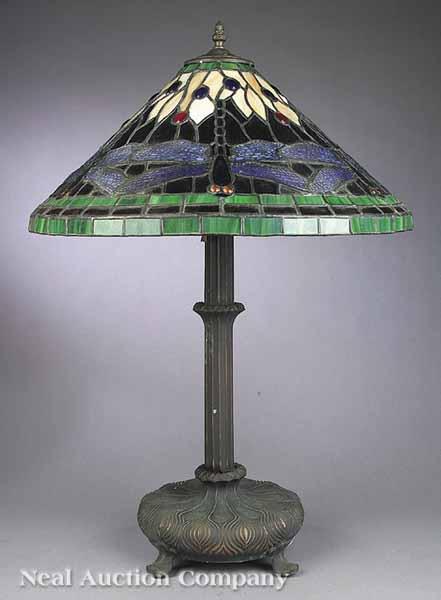 Appraisal: A Tiffany Studios-Style Patinated Metal Table Lamp with a decorative