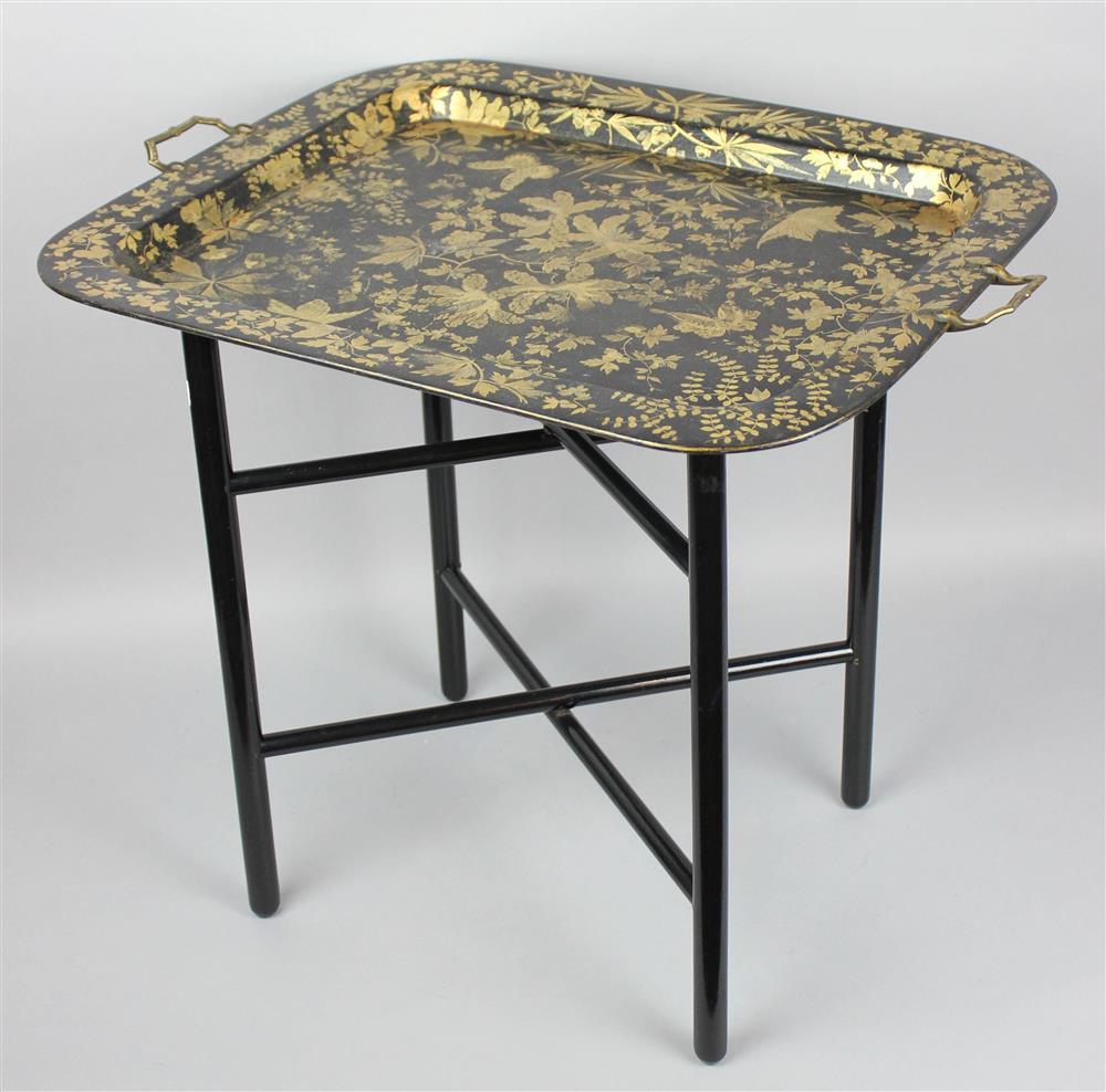 Appraisal: LATE VICTORIAN GILT DECORATED BLACK LACQUER TRAY ON LATER STAND