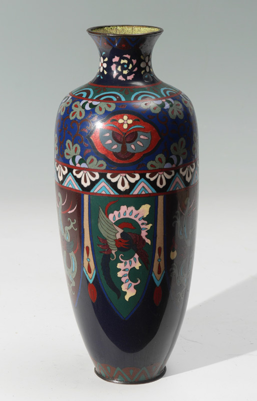 Appraisal: LARGE CHINESE CLOISONNE VASE Deep blue ground floral and moth