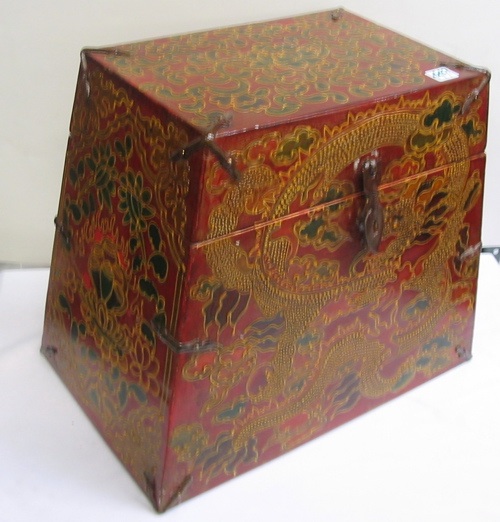 Appraisal: AN ASIAN LACQUERED WOOD STORAGE BOX pyramid form painted and