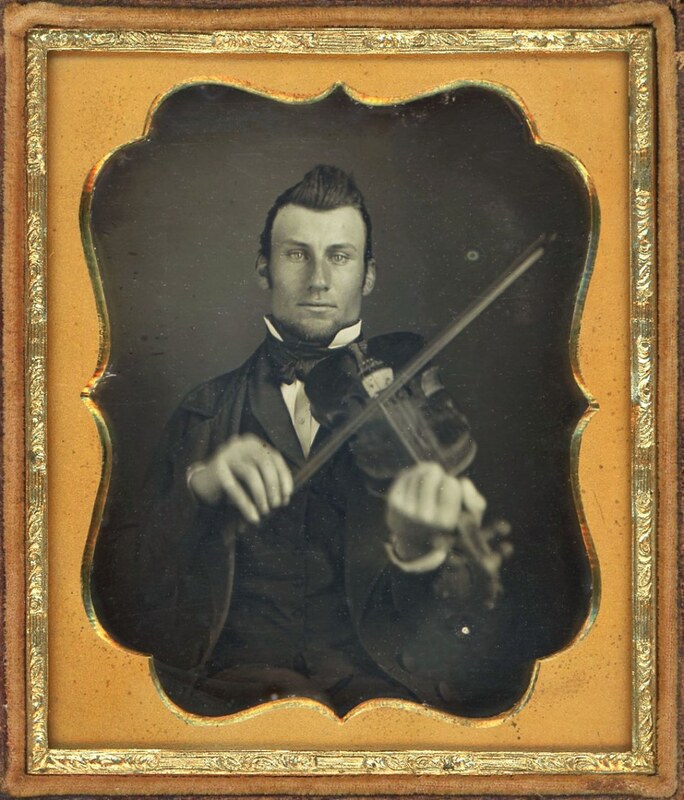 Appraisal: COOL VIOLIN PLAYER DAGUERREOTYPE Sixth plate He has slicked back