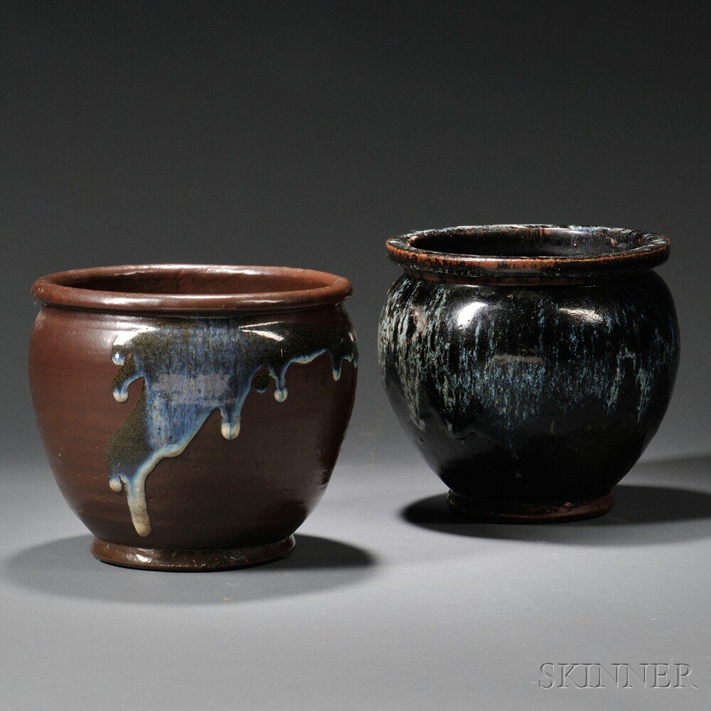 Appraisal: Two Stoneware Jars Japan th century wide-mouthed with applied ash