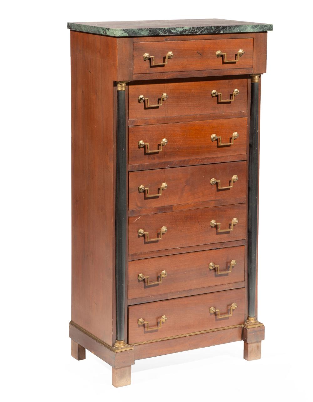 Appraisal: Antique Empire-Style Bronze-Mounted Mahogany and Ebonized Semainier verdigris marble top