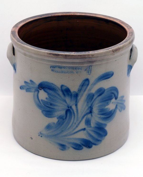 Appraisal: Decorated stoneware crock having gray glaze with bold cobalt flowers