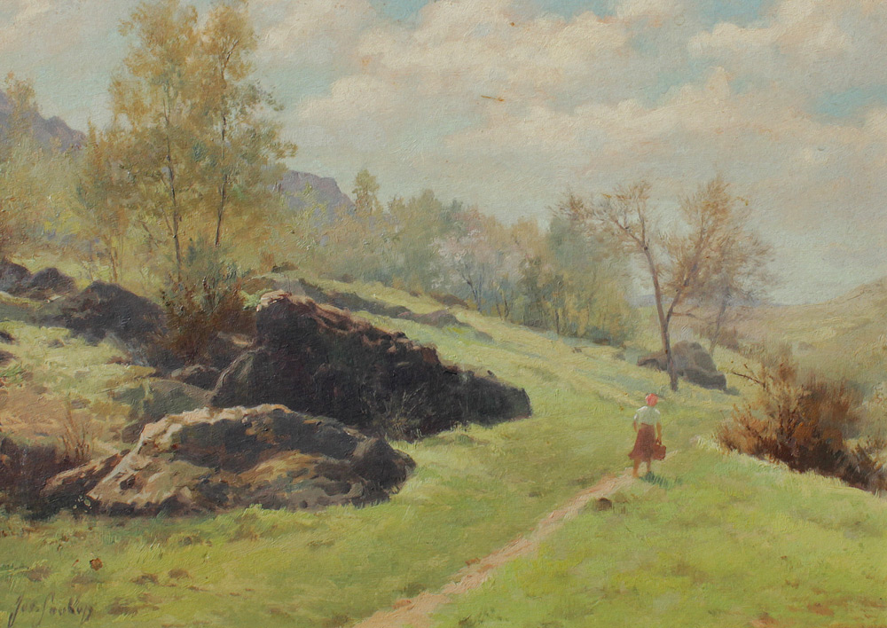 Appraisal: SOUKUP Josef Czech Hillside Country Landscape with Figure Traveling on