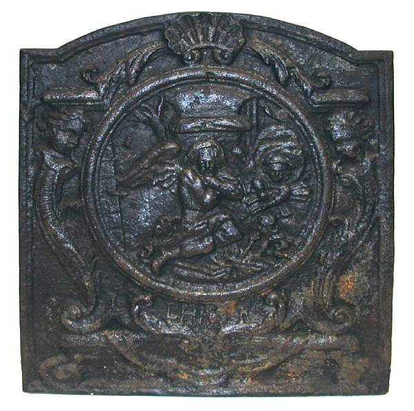 Appraisal: A cast iron fire back with relief decoration height in