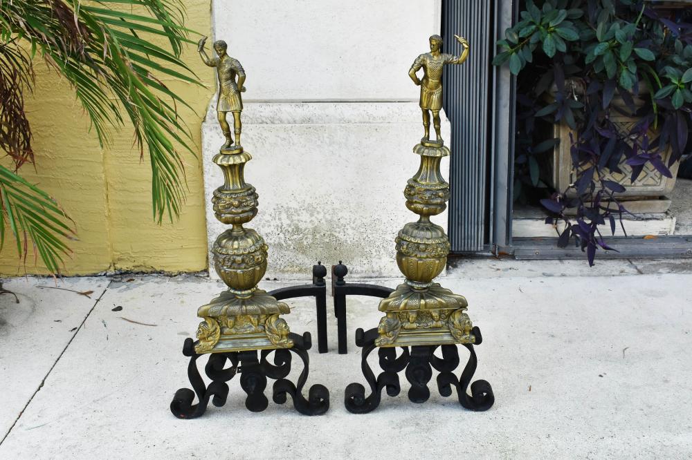 Appraisal: PAIR OF RENAISSANCE STYLE BRONZE ANDIRONSCirca Each tall sphere and