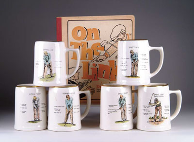 Appraisal: LOT OF SIX GOLF MUGS AND BOOKLET Ceramic mugs feature