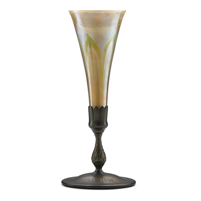 Appraisal: TIFFANY STUDIOS Favrile glass vase bronze base Condition Report Some