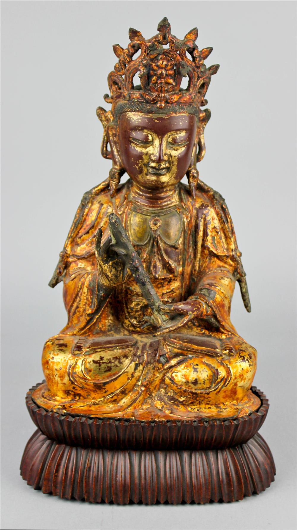 Appraisal: CHINESE GILT-BRONZE SEATED BUDDHA LATE MING EARLY QING DYNASTY the