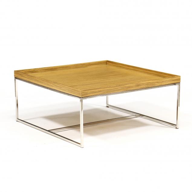 Appraisal: EXOTIC WOOD AND STEEL LOW COCKTAIL TABLE Contemporary striped exotic