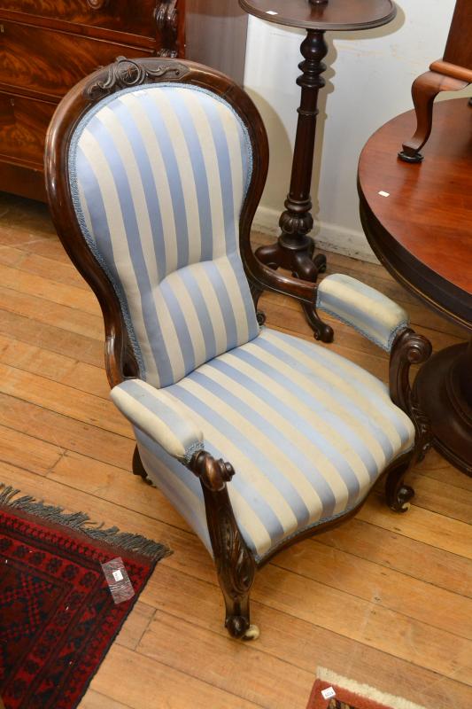 Appraisal: VICTORIAN GENTLEMAN'S CHAIR BLUE STRIPED UPHOLSTERY VICTORIAN GENTLEMAN'S CHAIR BLUE