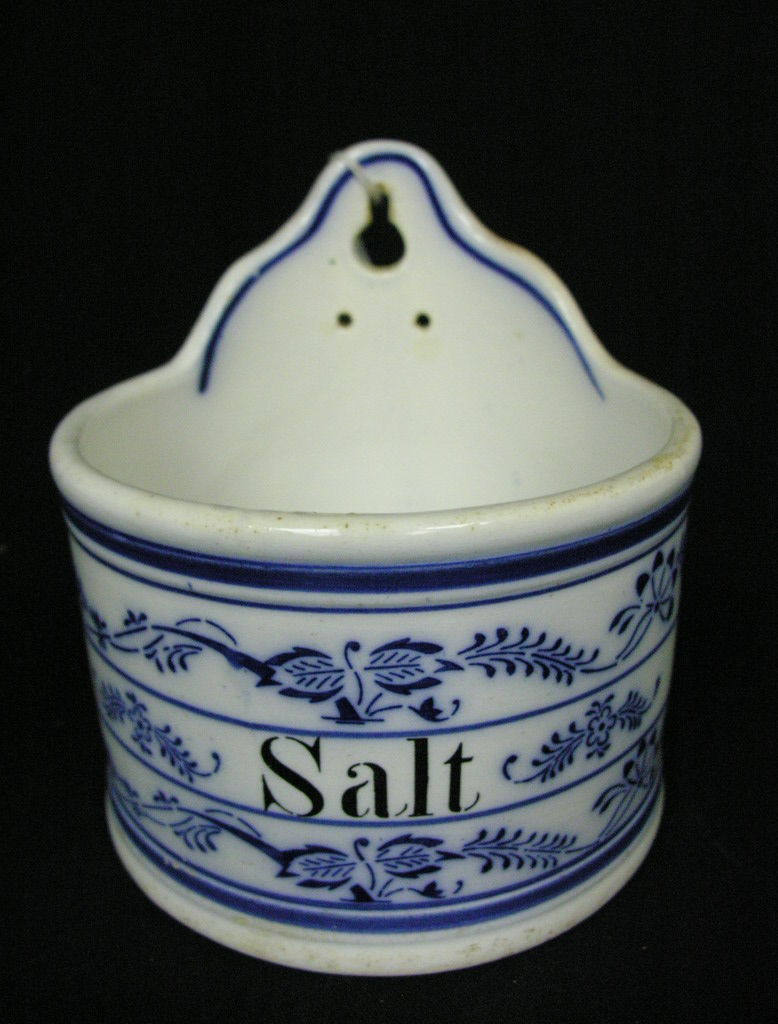 Appraisal: VINTAGE BLUE AND WHITE PORCELAIN SALT BOX Wall mount Circa