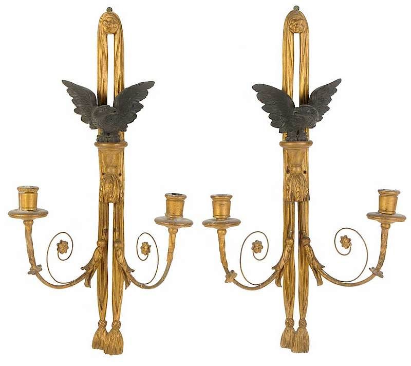 Appraisal: Pair Regency Style Carved and Gilt Sconces late th early