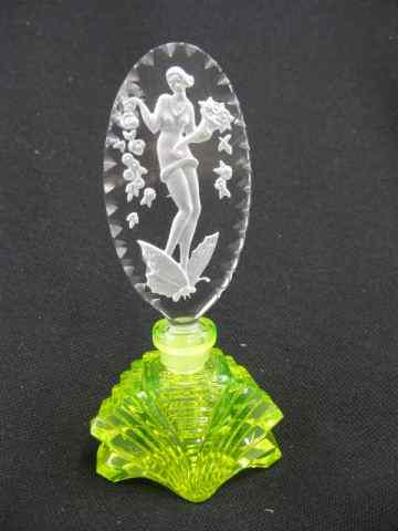 Appraisal: Czechoslovakia Art Glass Perfume Bottle cut vaseline base with intaglio