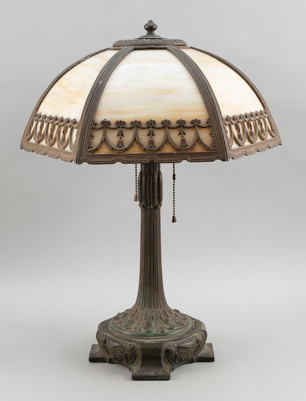 Appraisal: TABLE LAMP WITH ART NOUVEAU SLAG GLASS SHADE FIRST HALF