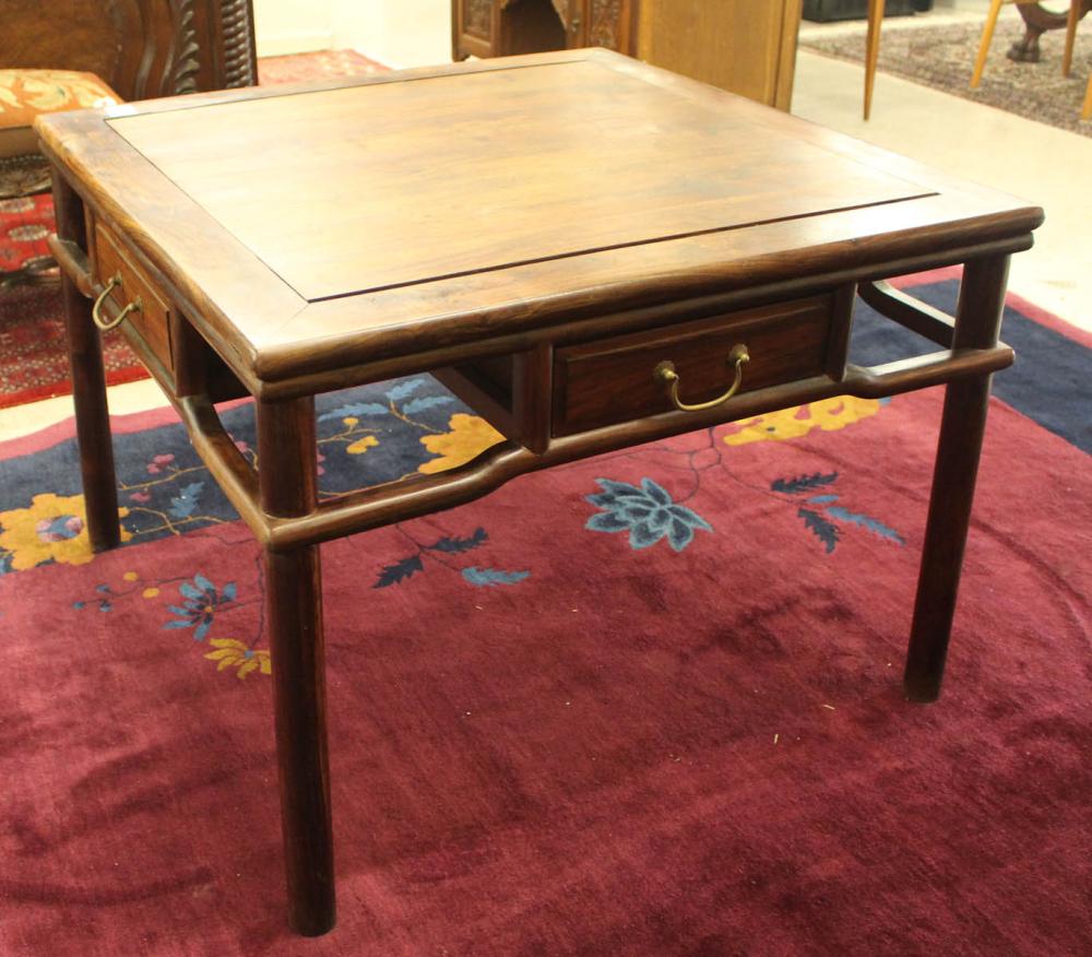 Appraisal: CHINESE HUANGHUALI GAME TABLE square panel top with four drawers