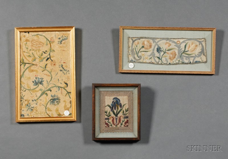 Appraisal: Six Framed th Century Needlework Fragments England comprising three matching