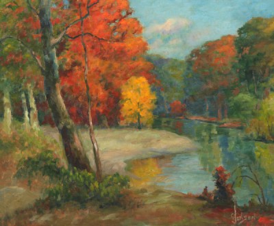 Appraisal: Autumn landscape with river at right oil on canvas board