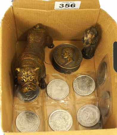 Appraisal: A collection of metalware to include coins bronze bulldog metal