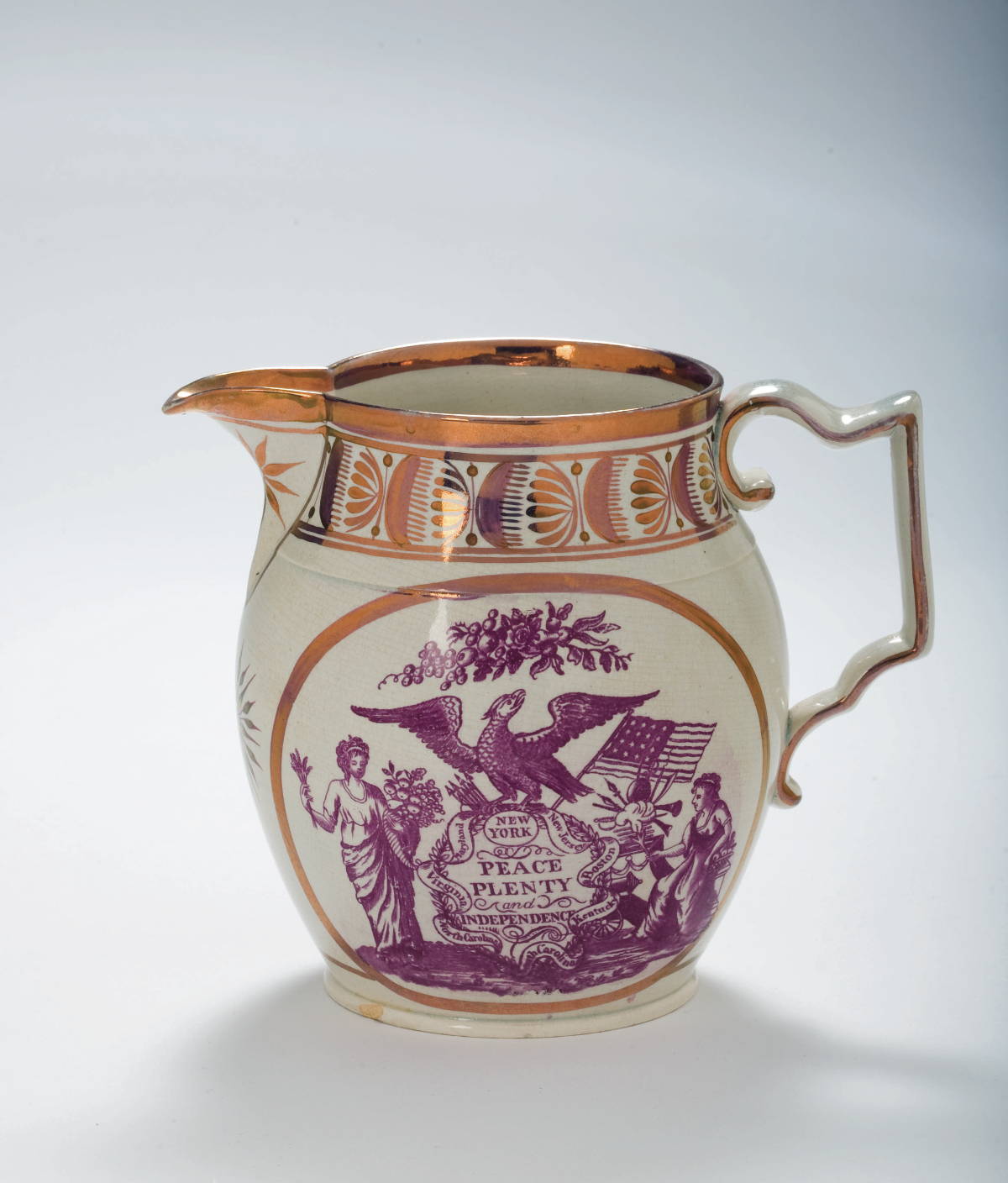 Appraisal: ENGLISH PEARLWARE PINK LUSTRE AND PURPLE TRANSFER-PRINTED JUG CIRCA Printed