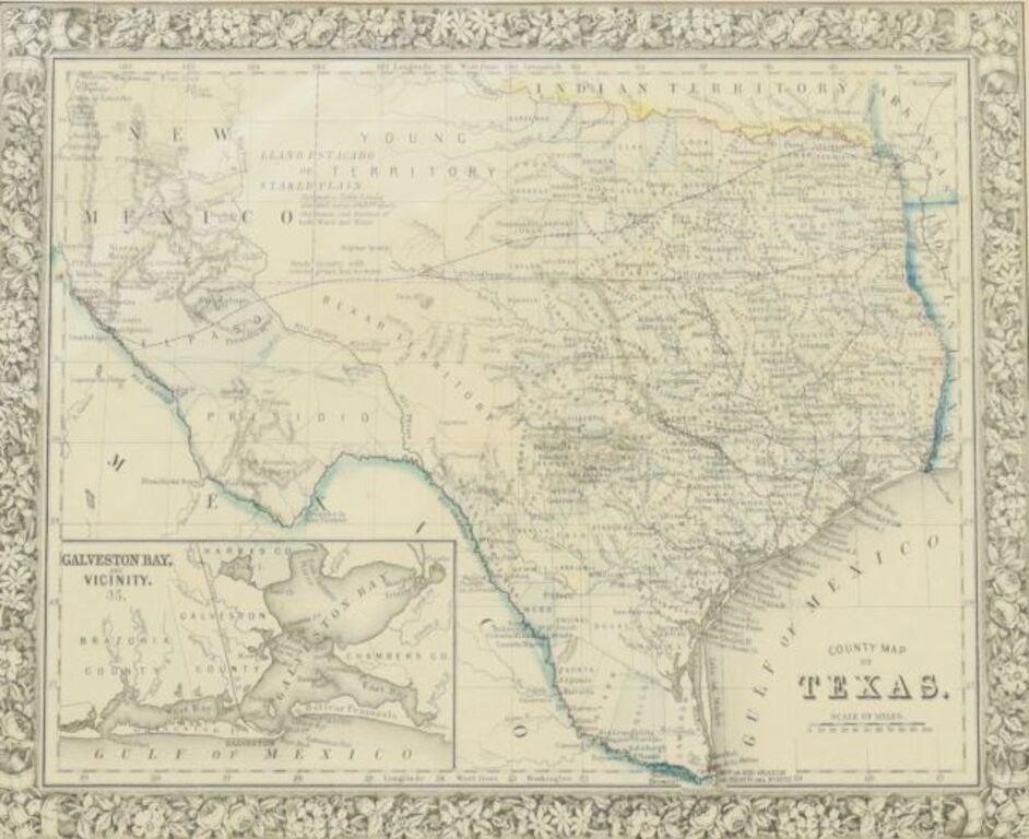 Appraisal: Framed engraving on paper County Map of Texas with inset