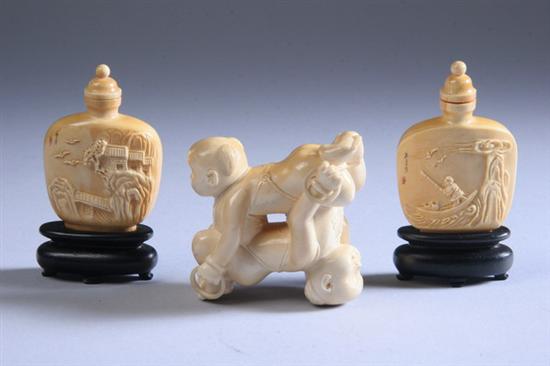 Appraisal: PAIR CHINESE IVORY SNUFF BOTTLES th century Flattened ovoid form