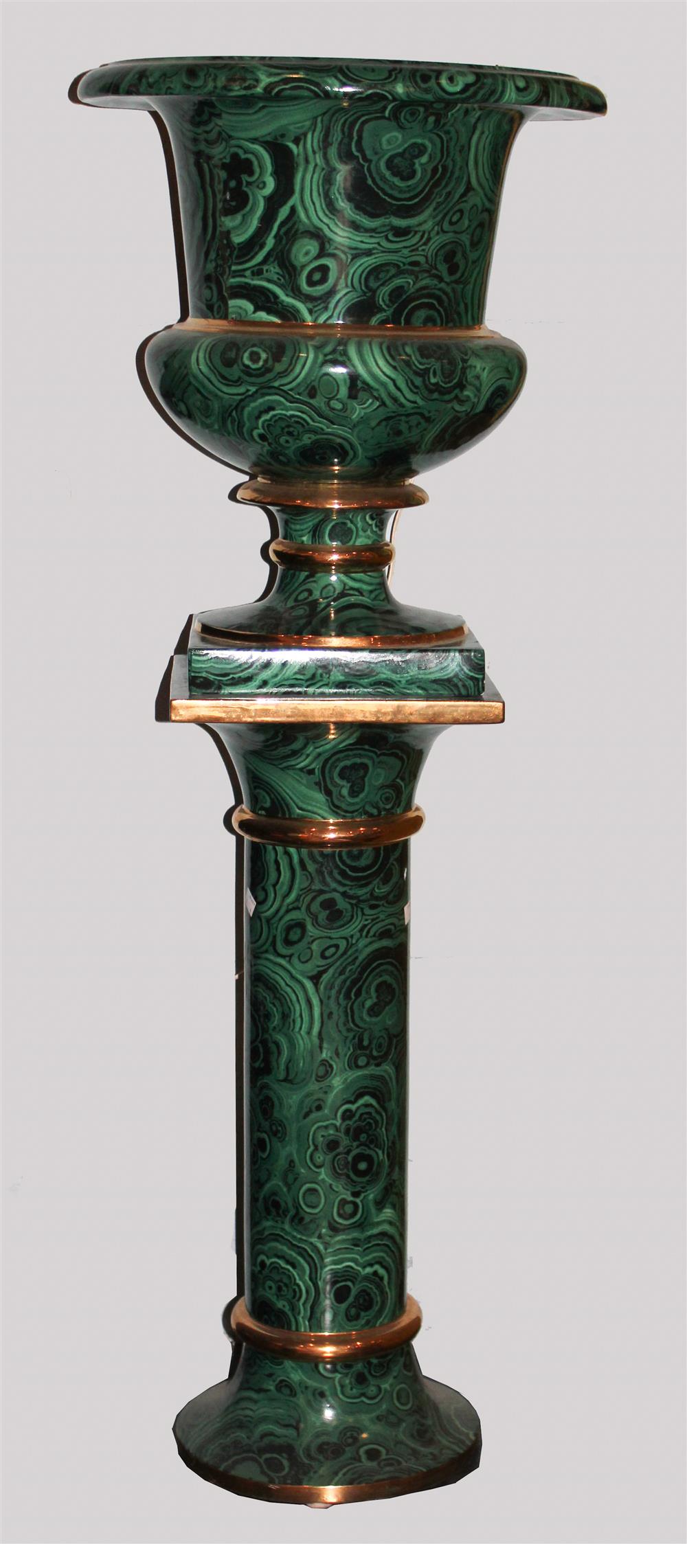 Appraisal: CERAMIC FAUX MALACHITE URN AND PEDESTAL WITH GOLD HIGHLIGHTS a