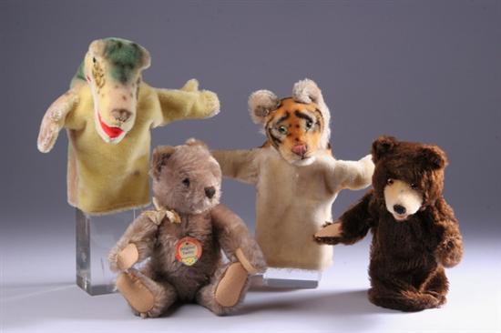 Appraisal: THREE STEIFF MOHAIR HAND PUPPETS WITH JOINTED BEAR Puppets include