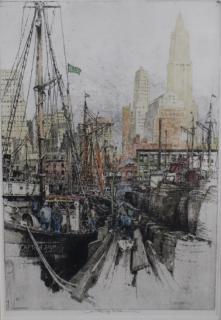 Appraisal: Luigi Kasimir - colored etching of Fulton Fish market Sight