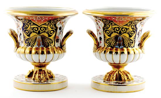 Appraisal: Pair Derby style porcelain cachepots urn forms flanked by handles