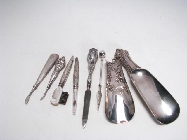 Appraisal: Group of Antique Sterling Silver Accessories including two shoe horns