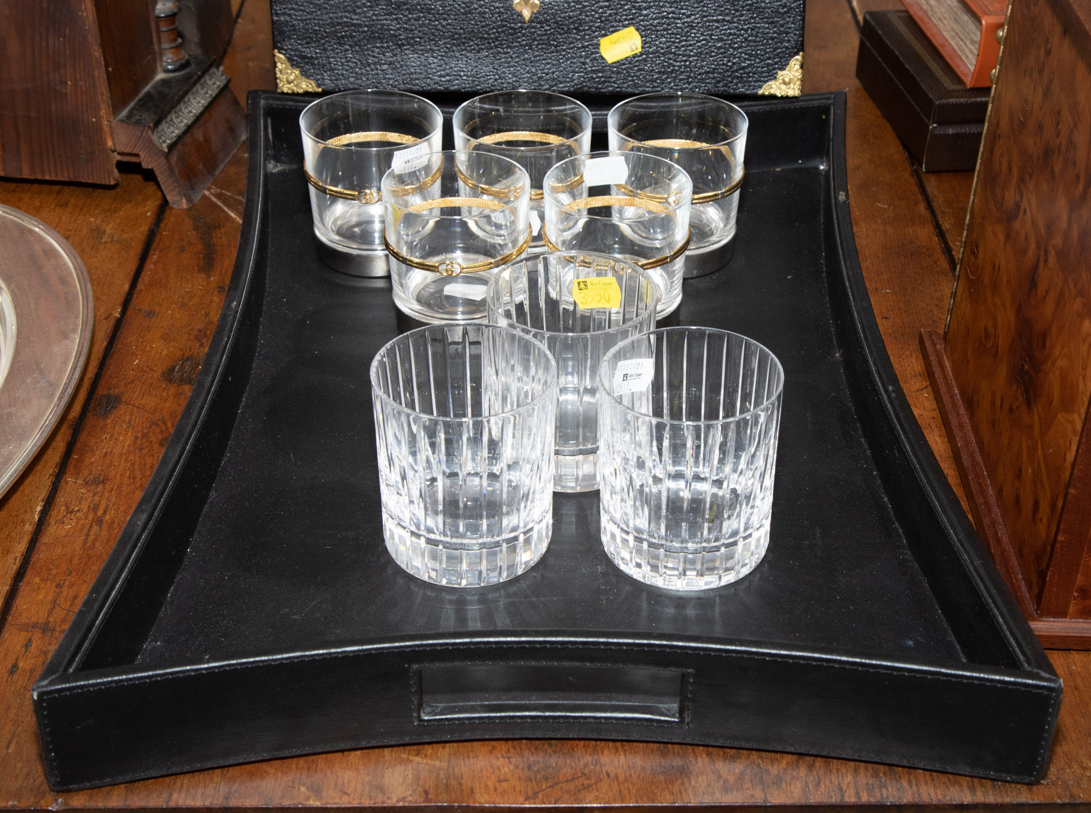 Appraisal: FIVE GUCCI TUMBLERS BAR TRAY THREE CUT GLASS TUMBLERS Comprising