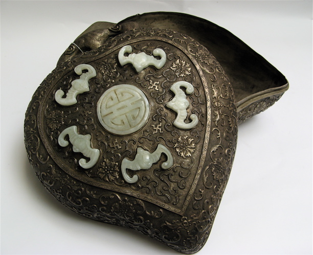 Appraisal: LARGE METAL COVERED BOX WITH JADE OVERLAY a silvered handled