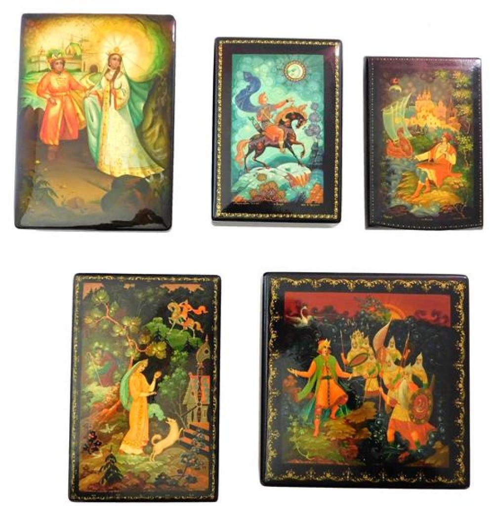 Appraisal: Russian hand-painted lacquer boxes five with fairy-tale theme including one