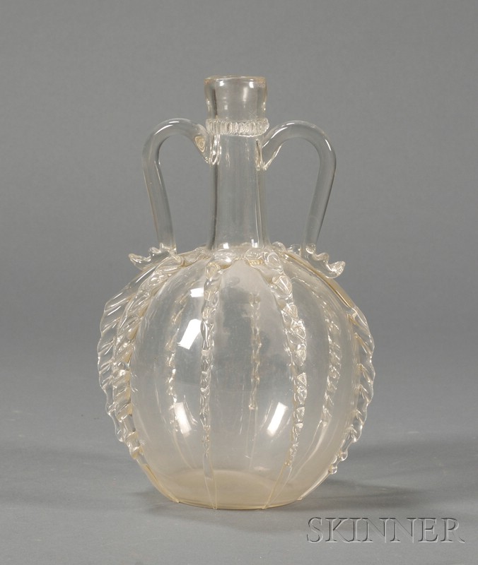 Appraisal: Whimsical Blown Colorless Glass Bottle with applied handles and rigaree