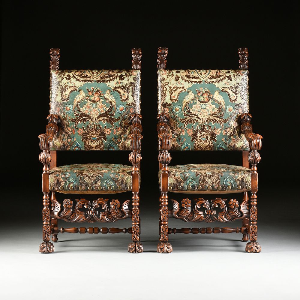 Appraisal: A PAIR OF ITALIAN BAROQUE STYLE EMBOSSED LEATHER UPHOLSTERED WALNUT