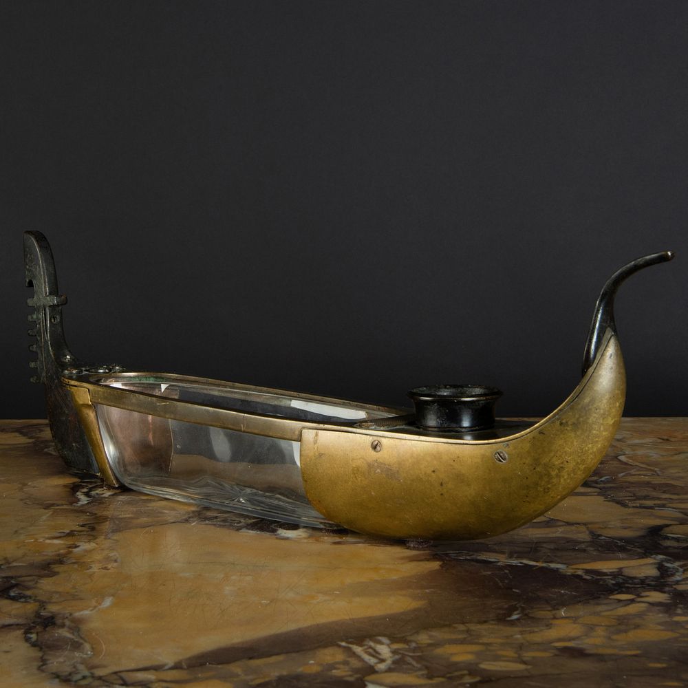 Appraisal: Continental Brass and Bronze-Mounted Cut Glass Gondola Form Inkwell and