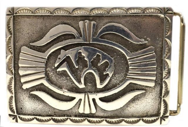 Appraisal: Native American sterling silver overlay belt buckle signed K heartline