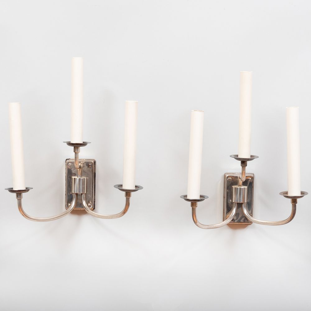 Appraisal: Pair of Austrian Silver Plate Three-Light Sconces x x in