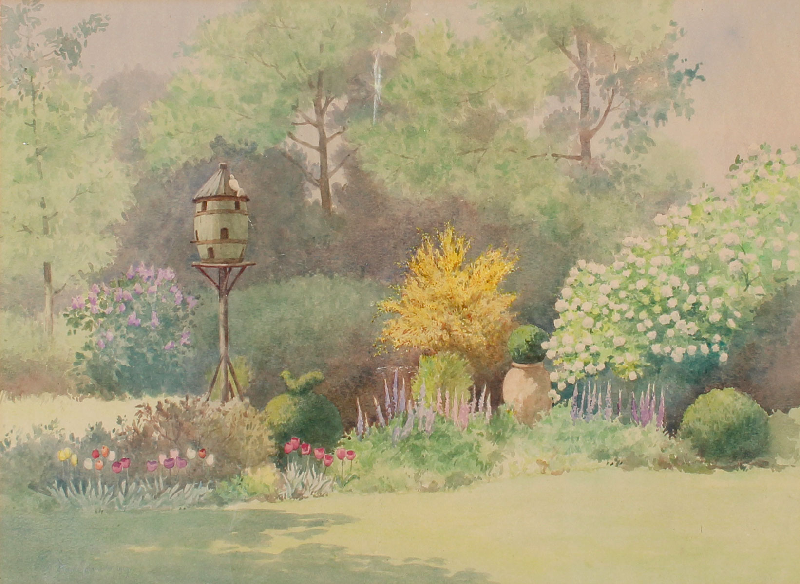 Appraisal: GALSWORTHY Frank British - Garden Scene with Bird Feeder Watercolor