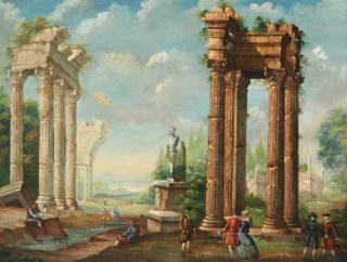 Appraisal: TH C OIL ON CANVAS CAPRICCIO LANDSCAPE PAINTING HAVING WELL