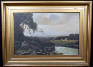 Appraisal: Pastoral FRAMED ORIGINAL OIL PAINTING ON CANVAS Sunset Dusk Brook