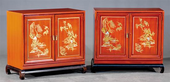 Appraisal: Pair Oriental style red lacquered cabinets Henry Link rectangular case