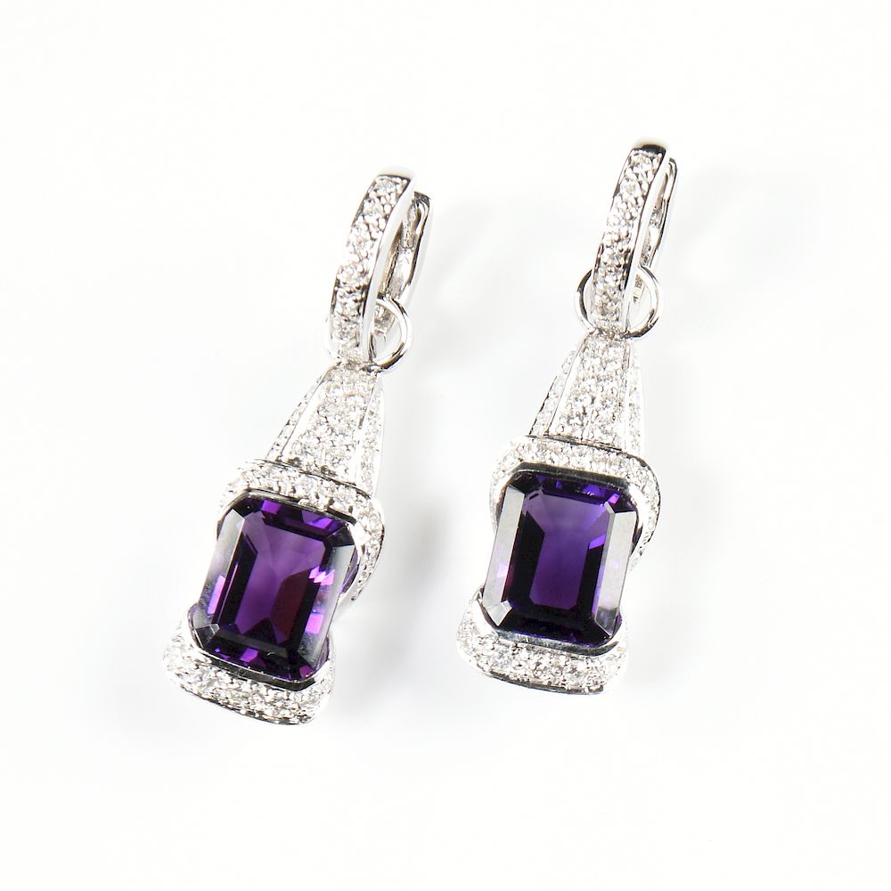 Appraisal: A PAIR OF K WHITE GOLD AMETHYST AND DIAMOND LADY'S