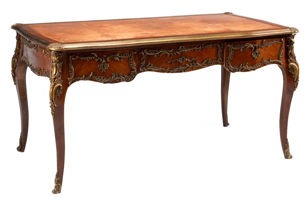 Appraisal: Antique Louis XV-Style Bronze-Mounted Kingwood Bureau Plat inset tooled leather